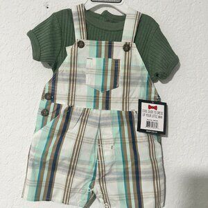 NWT Dapper Dude Baby Boy Plaid Overall Short Set | 18M | Green Shirt